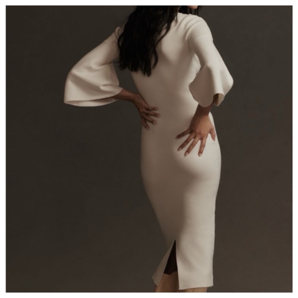 NWT Anthropologie Fluted-Sleeve Elegant Soft Knit Sweater Midi Dress in Ivory, S - Picture 6 of 16